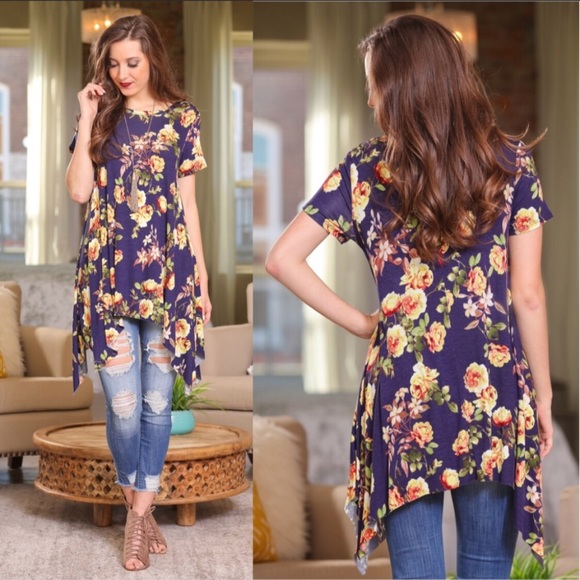 Infinity Raine Tops - Infinity Raine Asymmetrical Floral Tunic